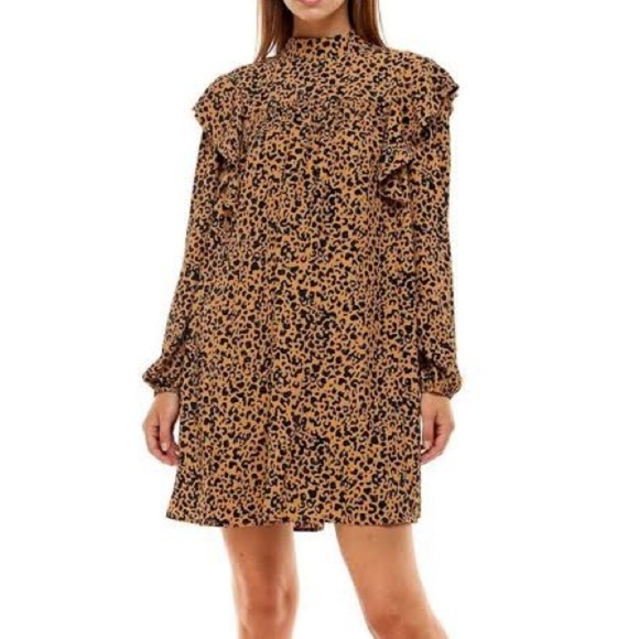 NWOT WAYF Pierce Leopard Long Sleeve Ruffle Dress Size Small - Picture 1 of 8